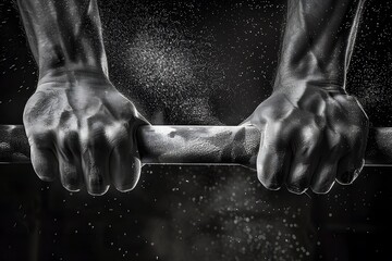 Close-up of a weightlifter’s hands gripping the barbell, with chalk dust in the air 