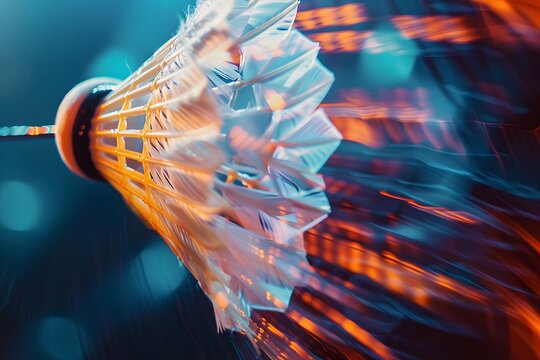 Close-up of a badminton shuttlecock being hit by a racquet, with motion blur capturing the speed and intensity 