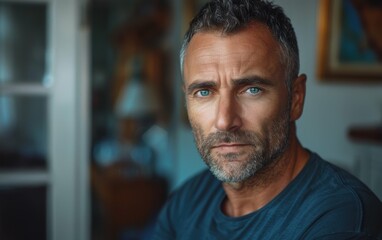 Obraz premium A man with a beard and gray hair is wearing a blue shirt and looking at the camera. He is serious and focused