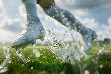 Close-up of a football player’s cleats kicking the ball, with grass and motion blur adding dynamic effect 