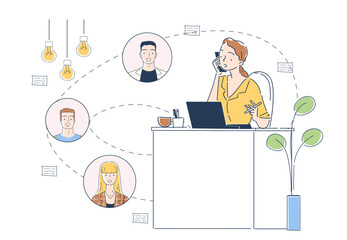 Operator helps clients. Woman with phone answers questions from young people. Hotline worker and employee. Business assistant and consultant. Linear vector illustration isolated on white background