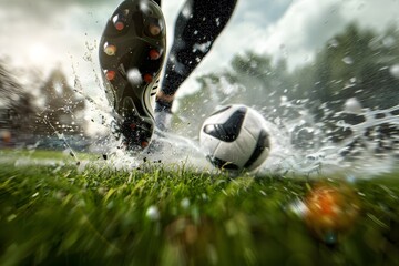 Close-up of a football player’s cleats kicking the ball, with grass and motion blur adding dynamic effect 