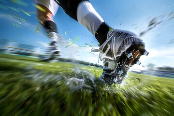 Close-up of a football player’s cleats kicking the ball, with grass and motion blur adding dynamic effect 