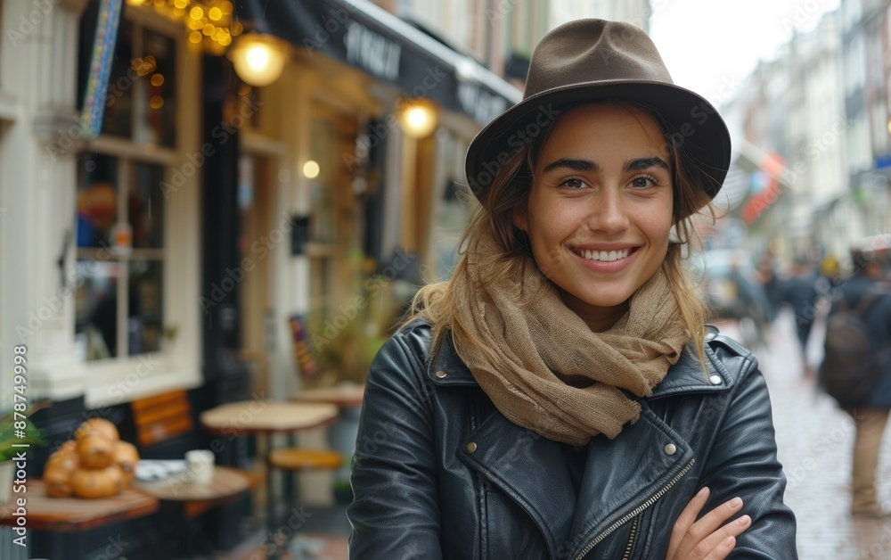 Poster A woman wearing a hat and scarf is smiling in front of a restaurant. The scene is lively and bustling with people walking by