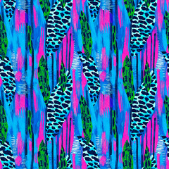 Fun girly camouflage pattern in vibrant stripes and spotted seamless design . Modern skin texture patched effect for festival and beach wear style in repeat .