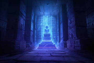 A surreal temple where mystical chants activate holographic relics and ethereal guardians