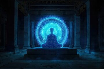 A surreal temple where mystical chants activate holographic relics and ethereal guardians