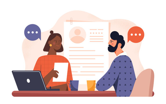 People at job interview. HR Manager interviews candidate for vacancy. Business meeting and conversation. Headhunting and recruitment. Company hiring employee. Flat vector illustration