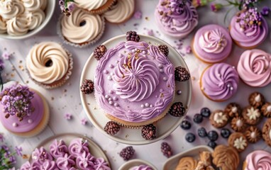 A table full of desserts, including a purple cake with blackberries on top. The desserts are arranged in a visually appealing manner, with the purple cake taking center stage