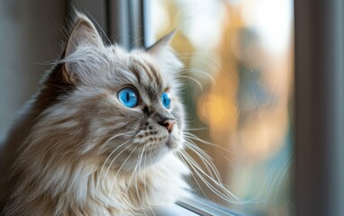 A cat with blue eyes is looking out the window. The cat is looking at something outside, but it is not clear what it is. The cat's fur is long and fluffy, and it has a calm