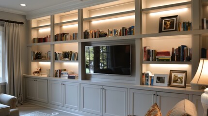 Built-in bookshelves with integrated lighting and television in modern living room