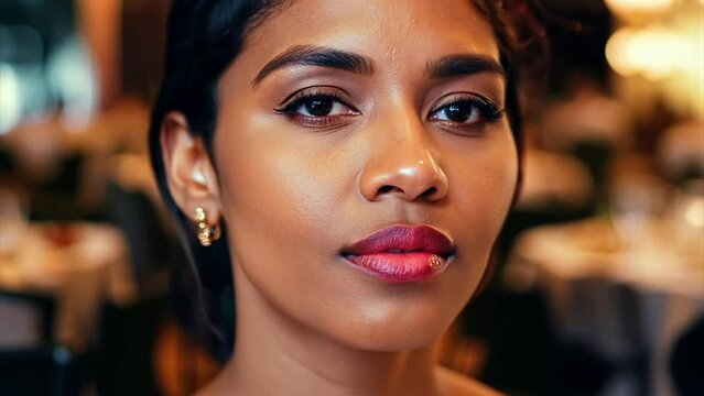 Close up tracking a beautiful young Indian woman smiling while on a date at a fancy restaurant.