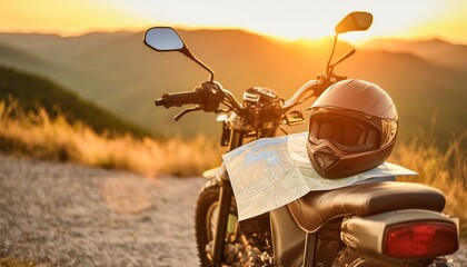 Prepared for the Open Road: Motorcycle Adventure with Essential Gear and Map. Generative AI