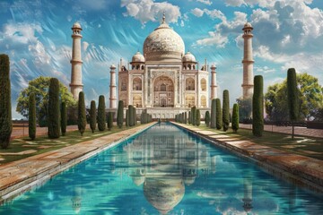 Naklejka premium Postcard with landscape of Taj Mahal, Agra