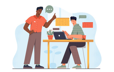 Manager with employee. Man gives instructions to subordinate. Organizing efficient work process. Task managements and teamwork. Business conversation. Flat vector illustration