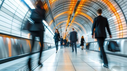 Business professionals walking through subway tunnel