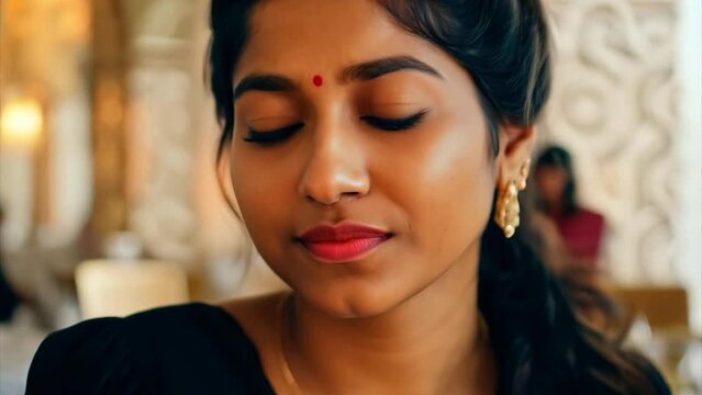 Close up of a beautiful young Indian woman smiling while on a date at a fancy restaurant.