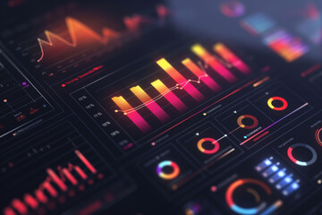 Obraz premium Colorful digital charts showcasing data analysis highlighting trends statistics modern business analytics concept