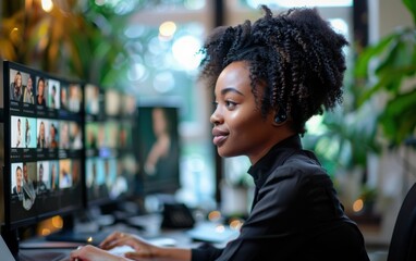 A woman is sitting at a desk with two computer monitors in front of her. She is smiling and she is enjoying her work