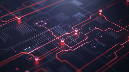 Obraz premium Digital circuit board with red lines and glowing nodes depicts modern technology and innovation, perfect for tech-related concepts and backgrounds concept
