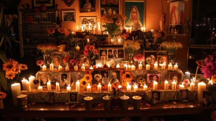 Obraz premium A day of the dead altar with lit candles and flowers in a home