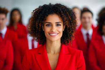 group of people standing in office, confident black woman wearing red leading corporate team with confidence