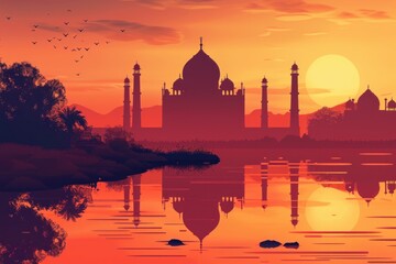 Fototapeta premium Postcard with landscape of Taj Mahal, Agra at sunset