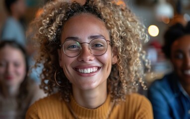 A woman with curly hair is smiling and wearing glasses. She is the center of attention in the image