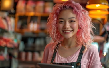 Fototapeta premium A woman with pink hair is smiling and holding a tablet. She is wearing a pink shirt and apron