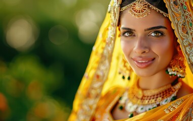 A woman wearing a yellow dress and gold jewelry is smiling. Concept of happiness and celebration