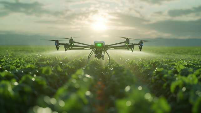 A drone flying over a digital green landscape, monitoring environmental changes and biodiversity.	