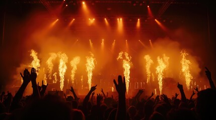 Crowdy concert with people dancing rising hands with pyrotechnics flames and burning fire