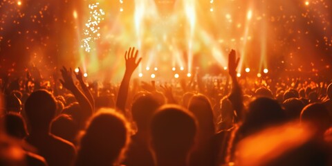 Fototapeta na wymiar Crowdy concert with people dancing rising hands with pyrotechnics flames and burning fire