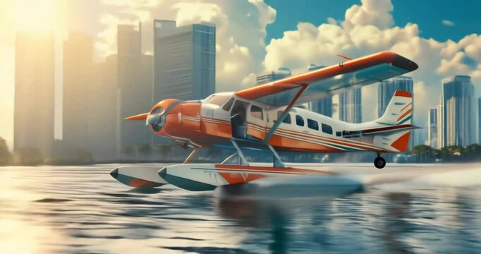 water airplane on the city river