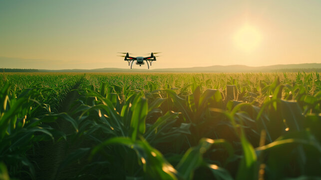 A drone flying over a digital green landscape, monitoring environmental changes and biodiversity.	