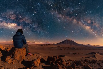 Young man admiring Milky Way in Atacama Desert  Chile.
