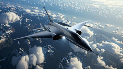 Obraz premium Realistic image of a hypersonic jet flying at high altitude, aerospace industry, future aviation technology