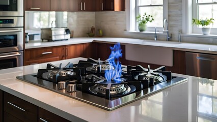 gas stove with flame in modern kitchen