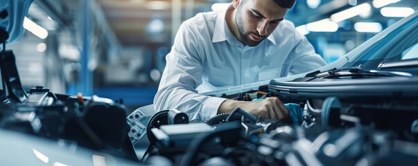 Realistic image of a technician performing a software update on an electric vehicle, automotive repair, future technology