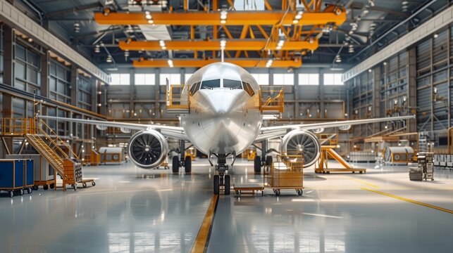 Photorealistic setting of an advanced aerospace manufacturing facility, aerospace industry, innovation and engineering
