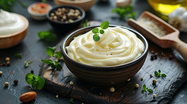 Homemade mayonnaise made from scratch, with ingredients and herbs for cooking.