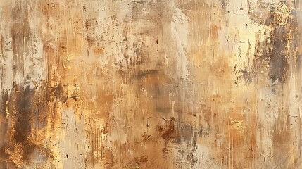 Modern painting with oil and acrylic paints on canvas. It has an abstract texture with gold, bronze, and beige colors. The background has brushstrokes that create a textured look.