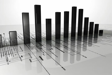 Abstract 3D bar graph overlaid on digital circuit lines representing data analytics and economic growth finance concept