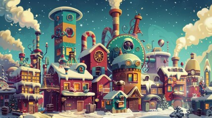 A whimsical winter town with elaborate buildings and snowfall