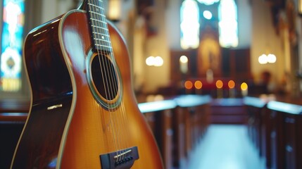 Acoustic guitar resting in church sanctuary