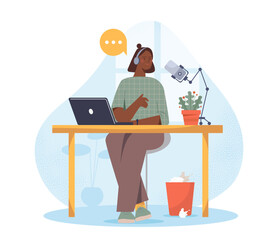 Woman record podcast. Young girl sits with laptop and microphone and records interesting content, audio files. Radio presenter at work. Flat vector illustration isolated on white background