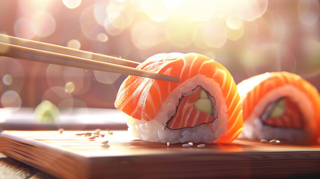 A salmon sushi roll being held by wooden chopsticks