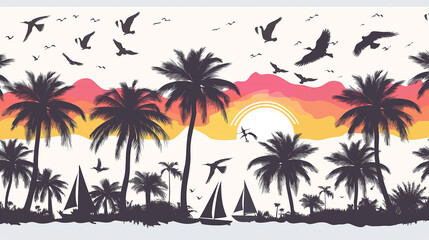 A beautiful sunset over a tropical beach with palm trees