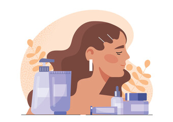 Skin care woman. Young girl with lotions and creams. Beauty and skincare procedures. Moisturizing face mask. Hygiene and routine, cleanliness. Flat vector illustration isolated on white background