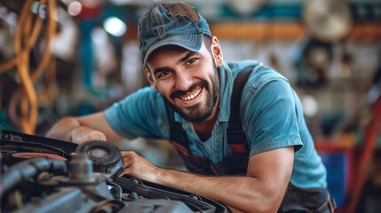 Naklejka premium A car mechanic at the workplace. Smiling at the camera